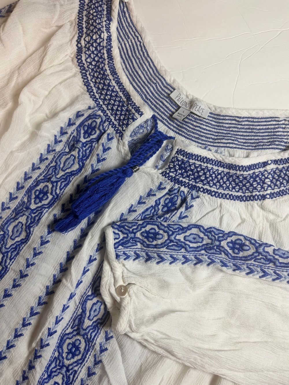 Patrons of Peacb Embroidered Peasant Top Large White Blue Coastal European Boho